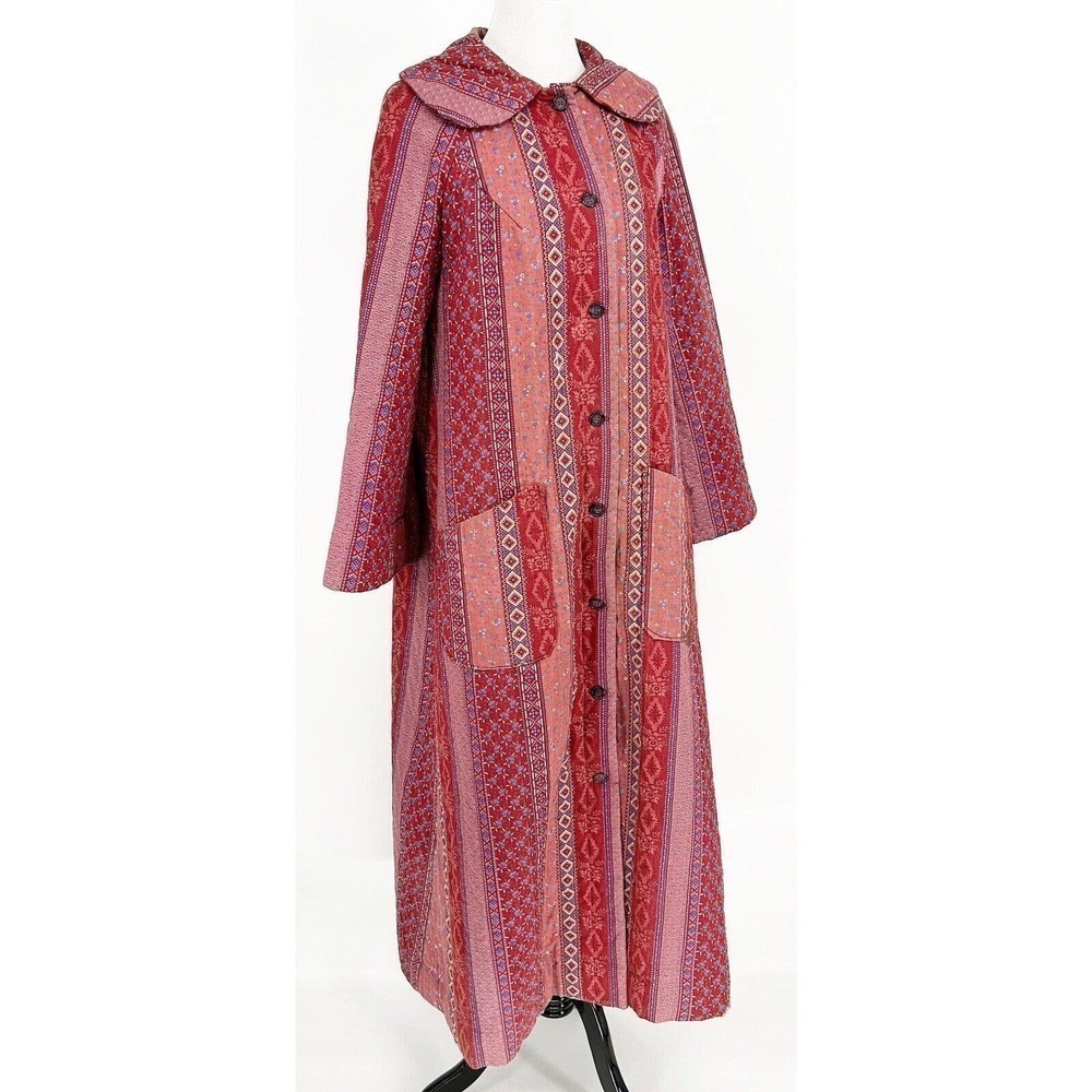 Vintage Quilted Maxi Coat Red Pink Burgundy Collared Retro Boho Bohemian 70s